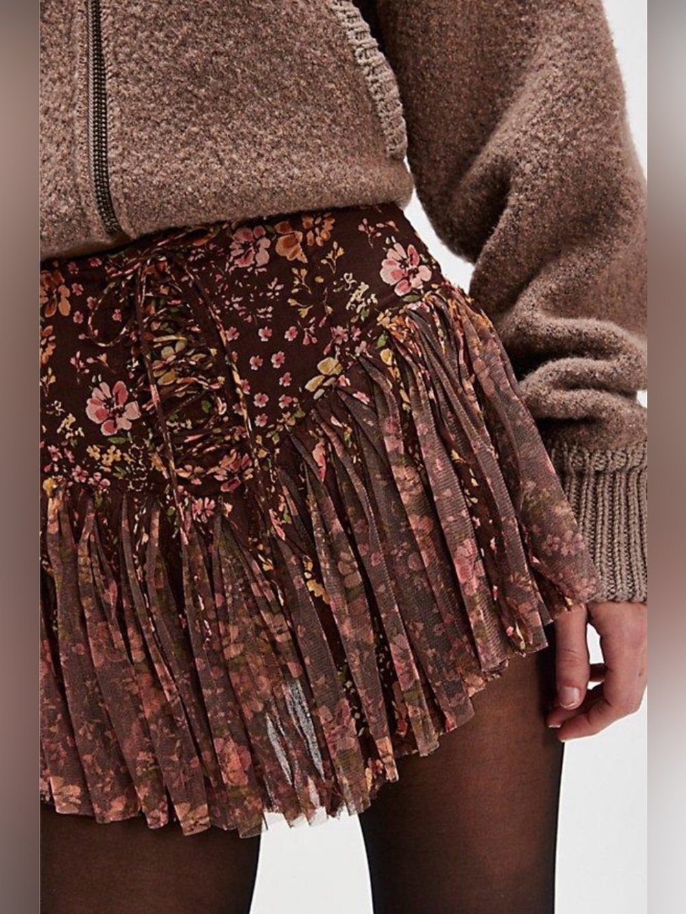 FPOne Blossom Mini Skirt Free People Brown Floral Lace-Up Tulle XS